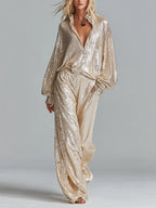 Champagne Sequin Wide-Leg Pants