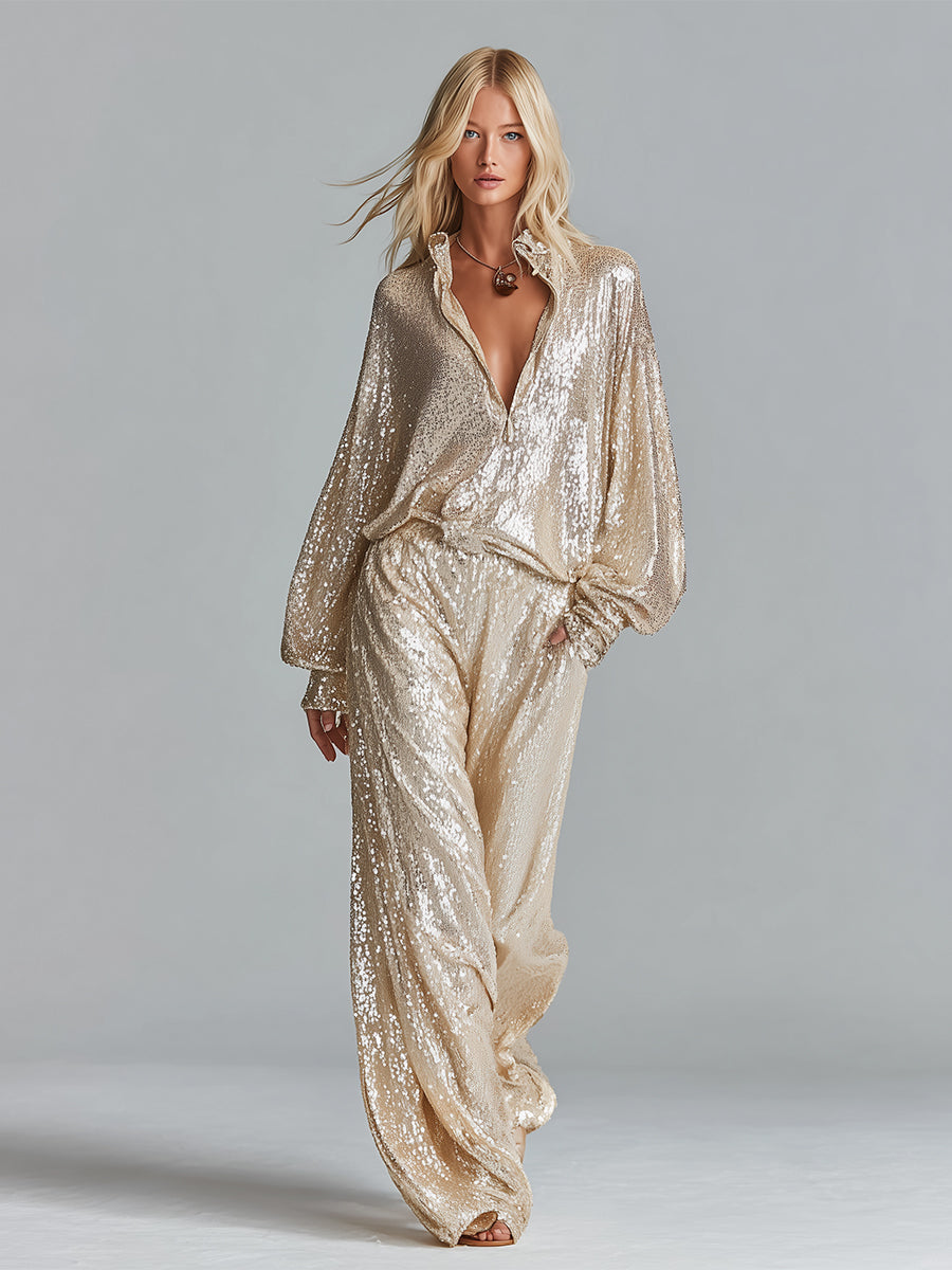 Champagne Sequin Wide-Leg Pants