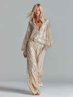 Champagne Sequin Wide-Leg Pants