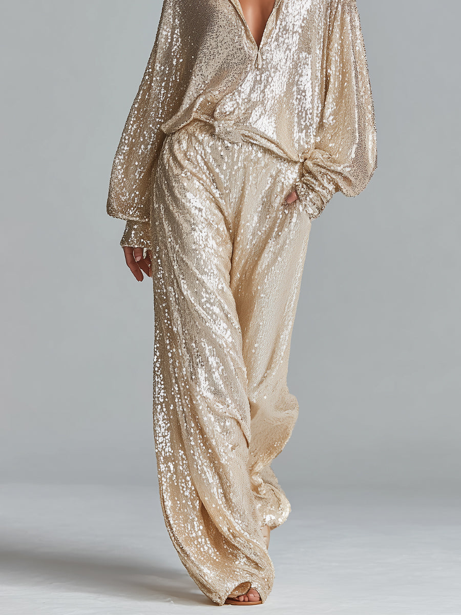 Champagne Sequin Wide-Leg Pants