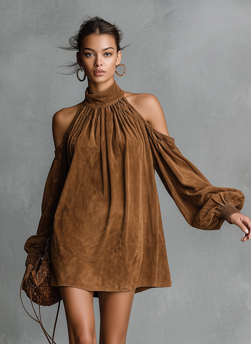Suede Halter Neck Lantern Sleeve Mini Dress
