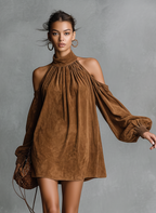 Suede Halter Neck Lantern Sleeve Mini Dress
