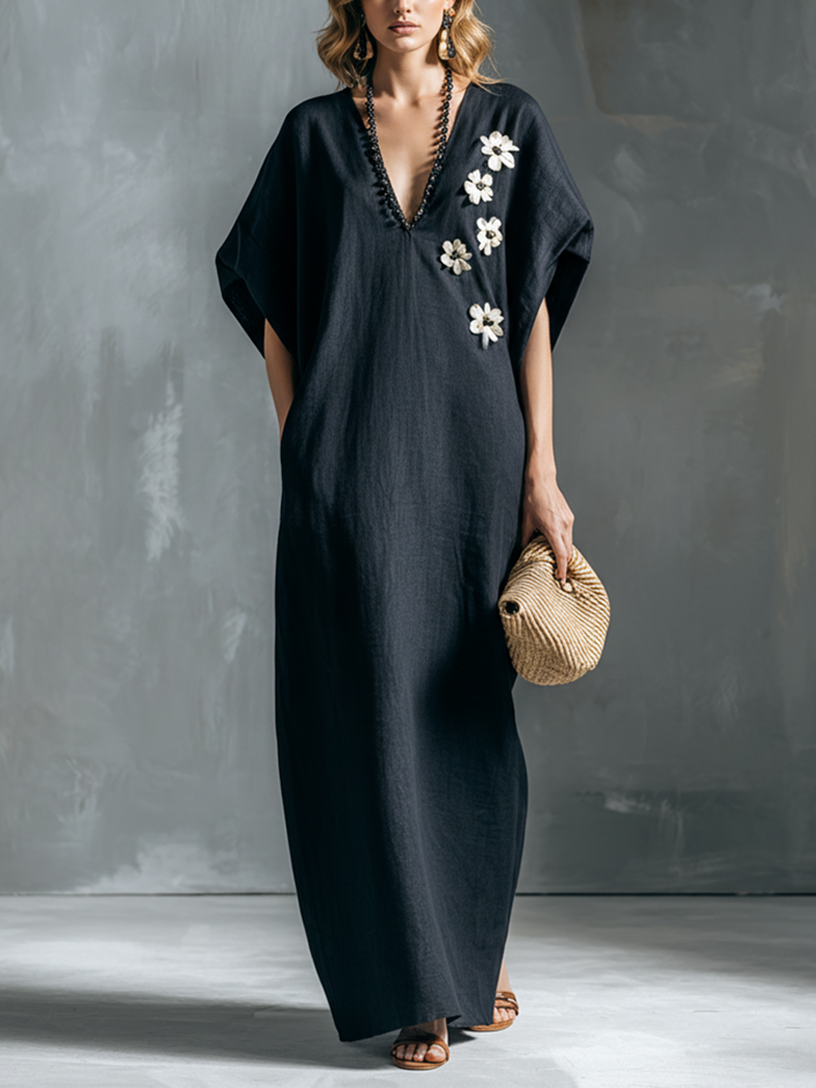 Women's Fashionable Navy Blue Cotton Linen V-Neck Short-Sleeved Side-Slit Long Dress MDZ2812B7BA