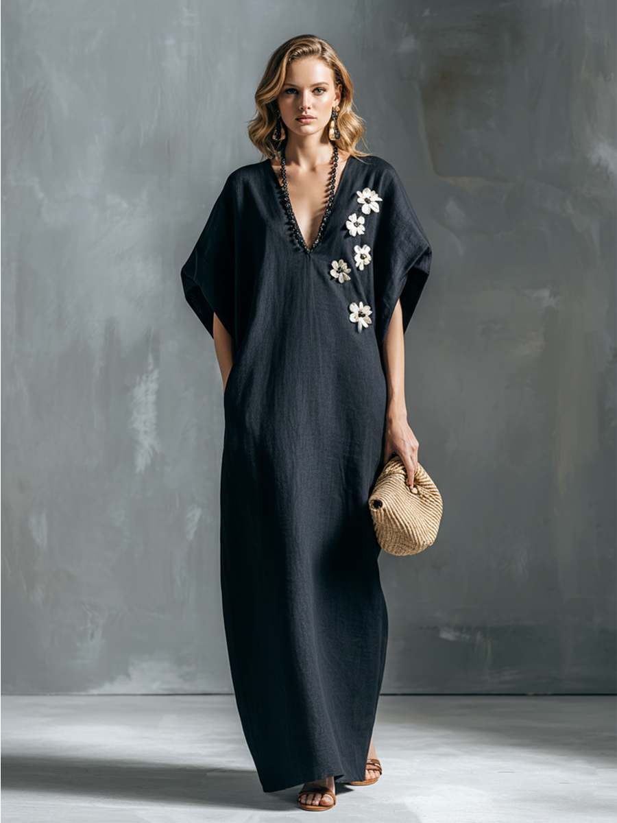 Women's Fashionable Navy Blue Cotton Linen V-Neck Short-Sleeved Side-Slit Long Dress MDZ2812B7BA