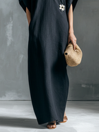 Women's Fashionable Navy Blue Cotton Linen V-Neck Short-Sleeved Side-Slit Long Dress MDZ2812B7BA