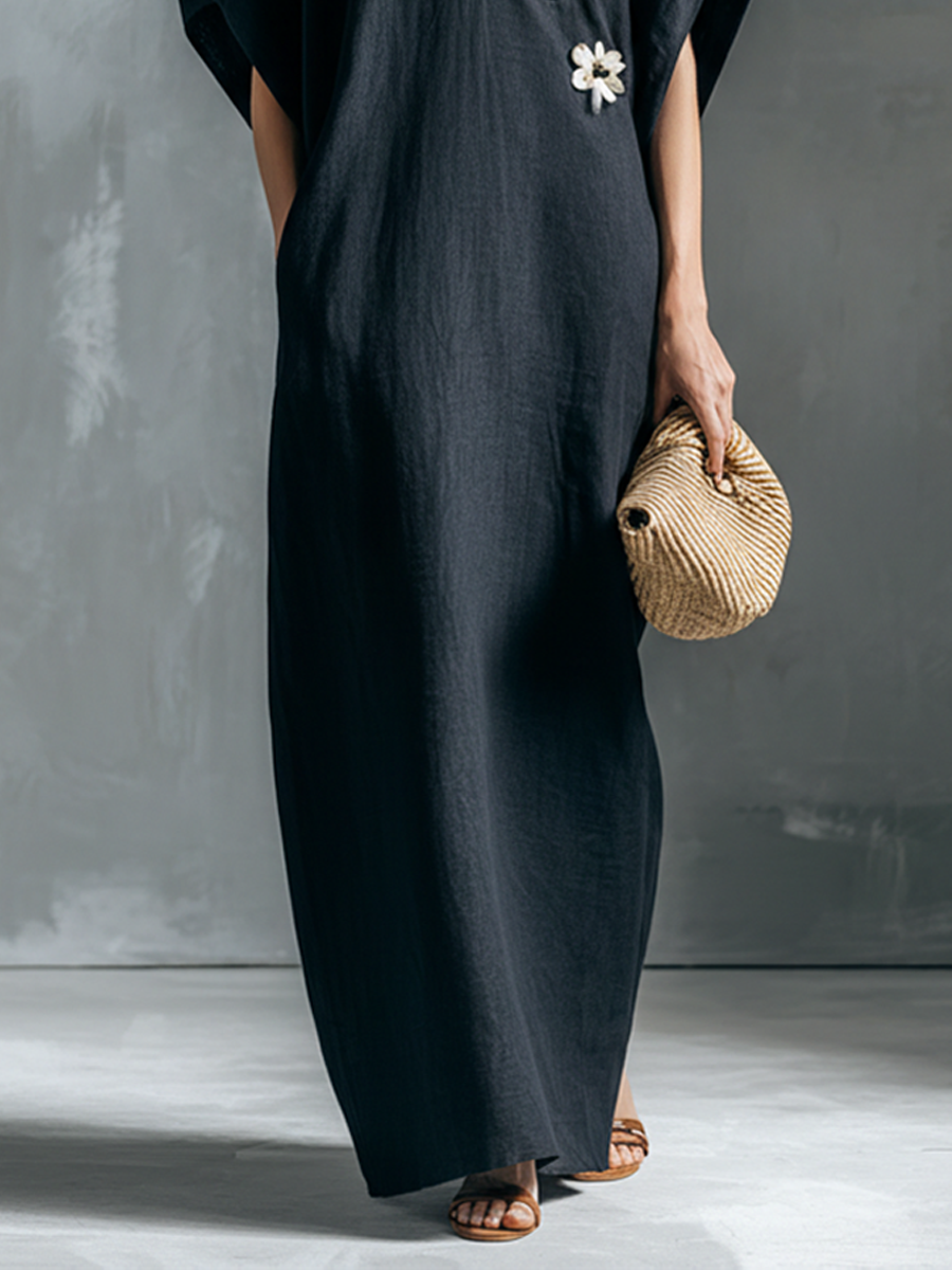 Women's Fashionable Navy Blue Cotton Linen V-Neck Short-Sleeved Side-Slit Long Dress MDZ2812B7BA