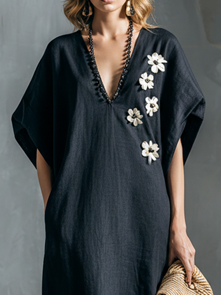 Women's Fashionable Navy Blue Cotton Linen V-Neck Short-Sleeved Side-Slit Long Dress MDZ2812B7BA