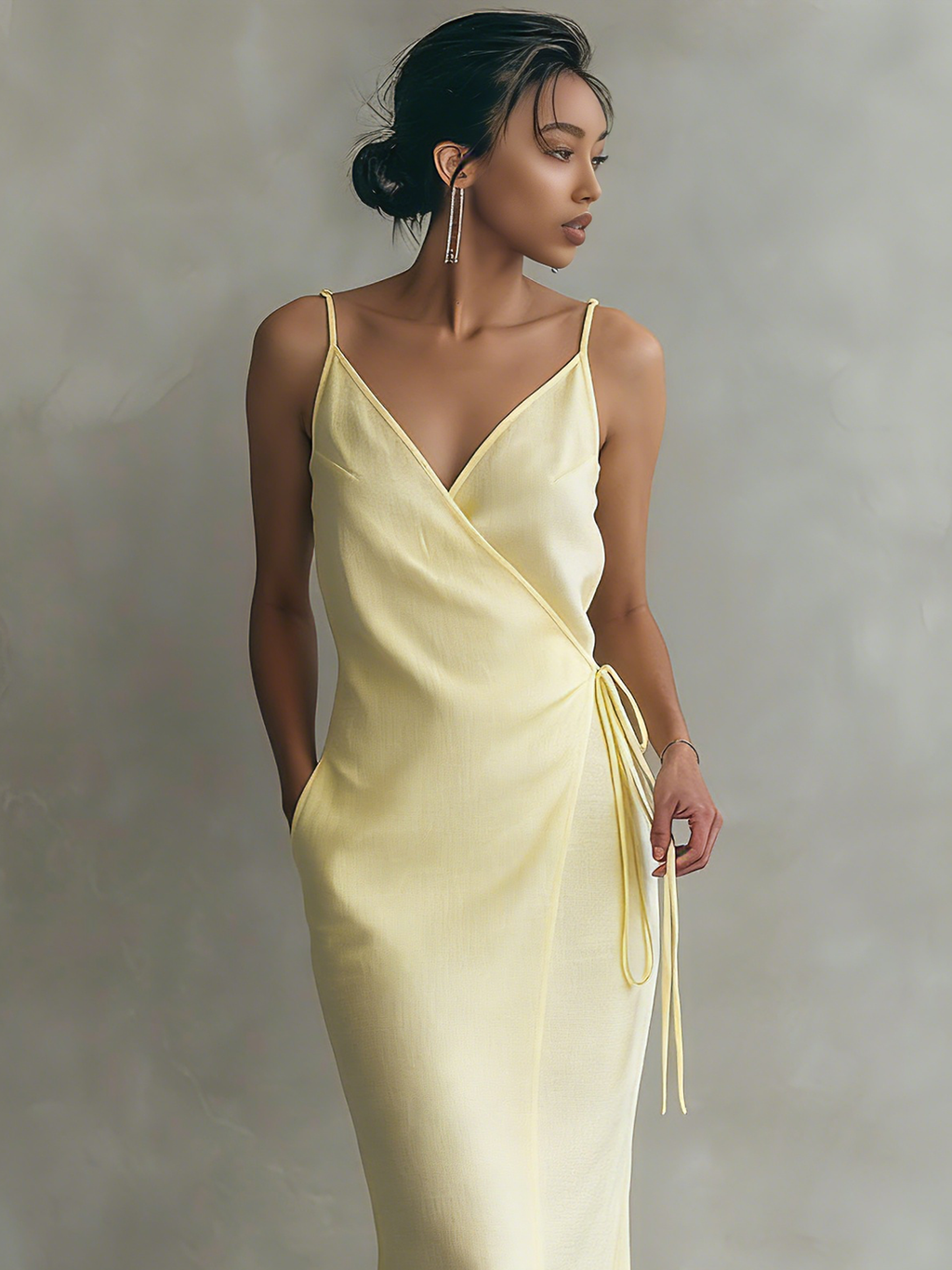 Women's Minimalist Linen-Blend Spaghetti Strap Wrap Maxi Dress With Tie Belt MDZ0306C1Y