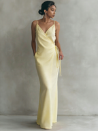 Women's Minimalist Linen-Blend Spaghetti Strap Wrap Maxi Dress With Tie Belt MDZ0306C1Y