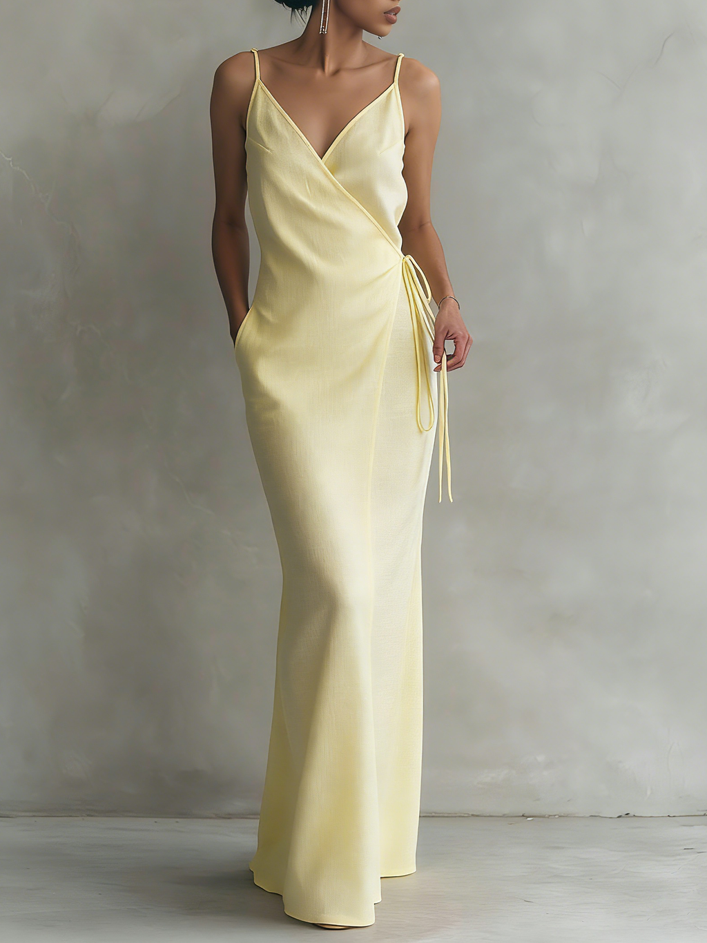 Women's Minimalist Linen-Blend Spaghetti Strap Wrap Maxi Dress With Tie Belt MDZ0306C1Y