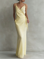 Women's Minimalist Linen-Blend Spaghetti Strap Wrap Maxi Dress With Tie Belt MDZ0306C1Y