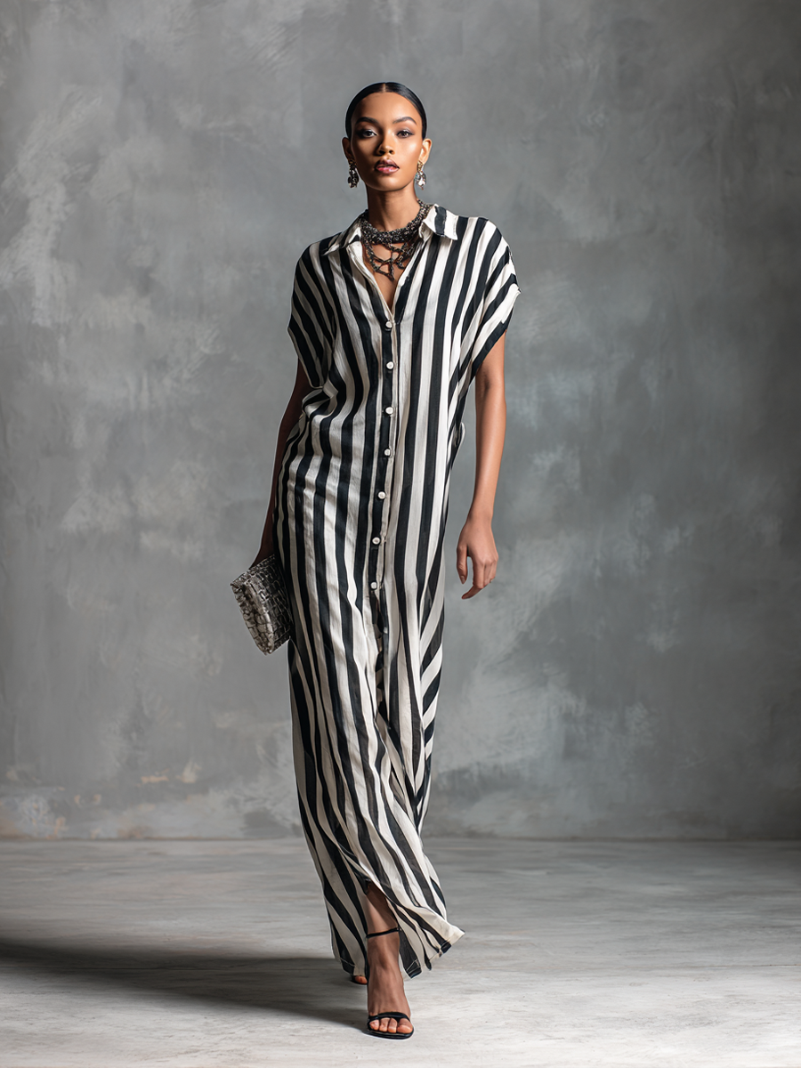 Black & White Striped Sleeveless Button-Front Long Dress