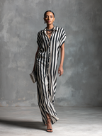 Black & White Striped Sleeveless Button-Front Long Dress