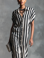 Black & White Striped Sleeveless Button-Front Long Dress