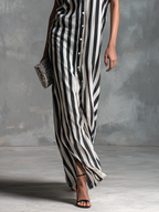 Black & White Striped Sleeveless Button-Front Long Dress