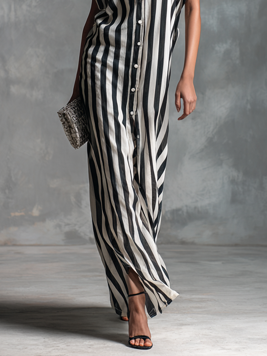 Black & White Striped Sleeveless Button-Front Long Dress