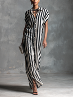 Black & White Striped Sleeveless Button-Front Long Dress