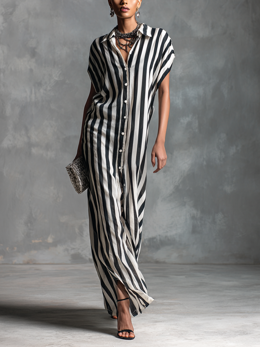 Black & White Striped Sleeveless Button-Front Long Dress