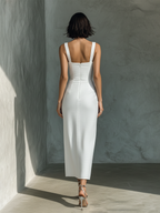 White Cotton Linen Sleeveless Midi Dress