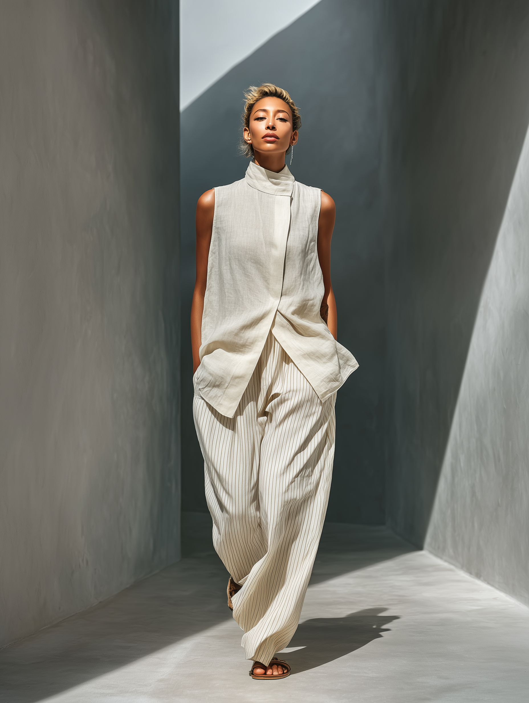 Women's Beige Sleeveless Linen Two-Piece Set With High Neck Wrap Top & Striped Wide-Leg Trousers MDZ1659C3T