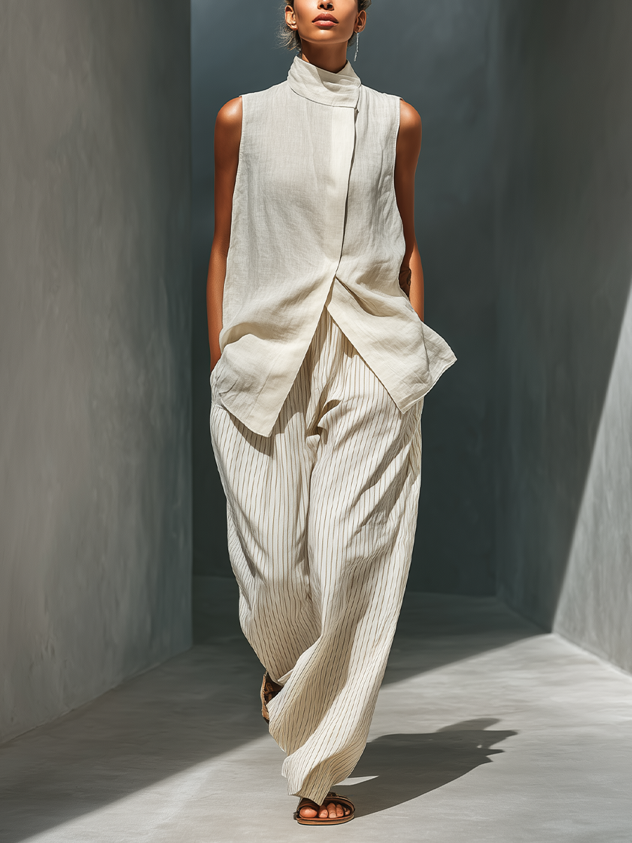 Women's Beige Sleeveless Linen Two-Piece Set With High Neck Wrap Top & Striped Wide-Leg Trousers MDZ1659C3T