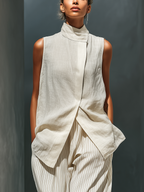 Women's Beige Sleeveless Linen Two-Piece Set With High Neck Wrap Top & Striped Wide-Leg Trousers MDZ1659C3T