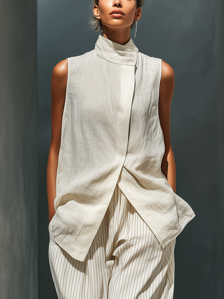 Women's Beige Sleeveless Linen Two-Piece Set With High Neck Wrap Top & Striped Wide-Leg Trousers MDZ1659C3T