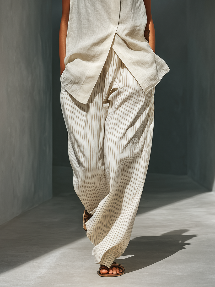 Women's Beige Sleeveless Linen Two-Piece Set With High Neck Wrap Top & Striped Wide-Leg Trousers MDZ1659C3T