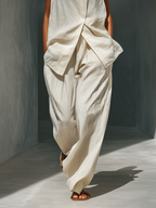 Women's Beige Sleeveless Linen Two-Piece Set With High Neck Wrap Top & Striped Wide-Leg Trousers MDZ1659C3T