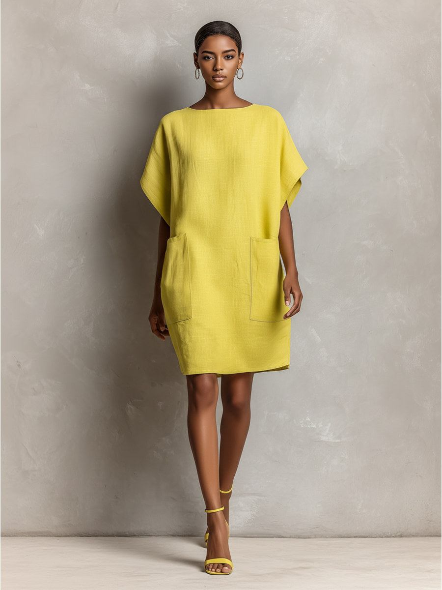 Lime Yellow Linen Batwing Sleeve Shift Dress