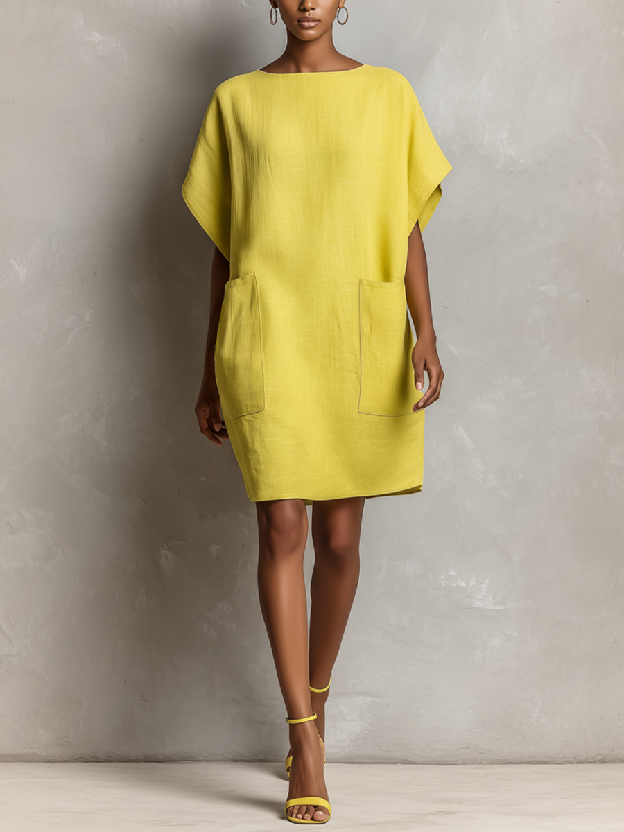 Lime Yellow Linen Batwing Sleeve Shift Dress