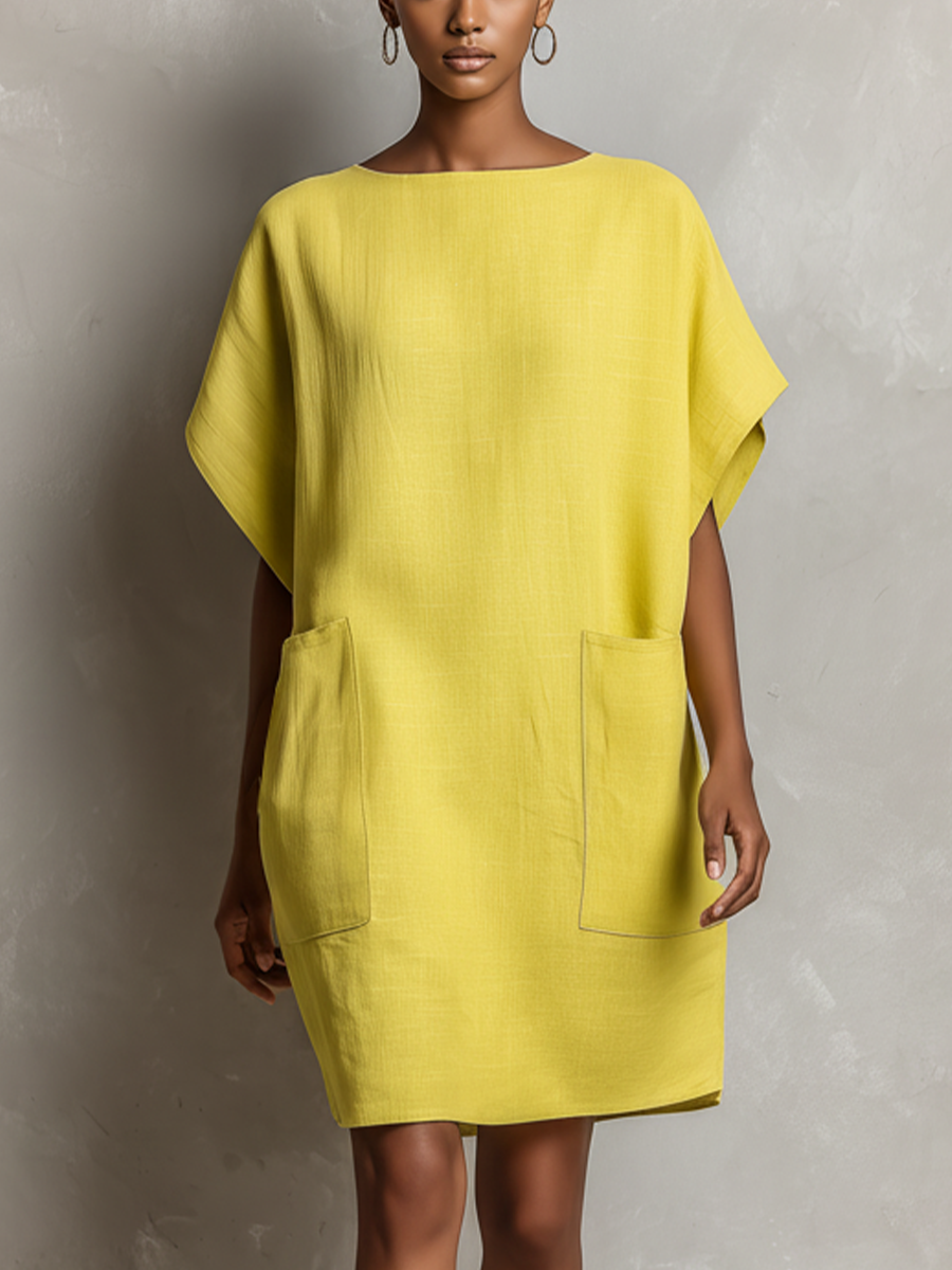 Lime Yellow Linen Batwing Sleeve Shift Dress