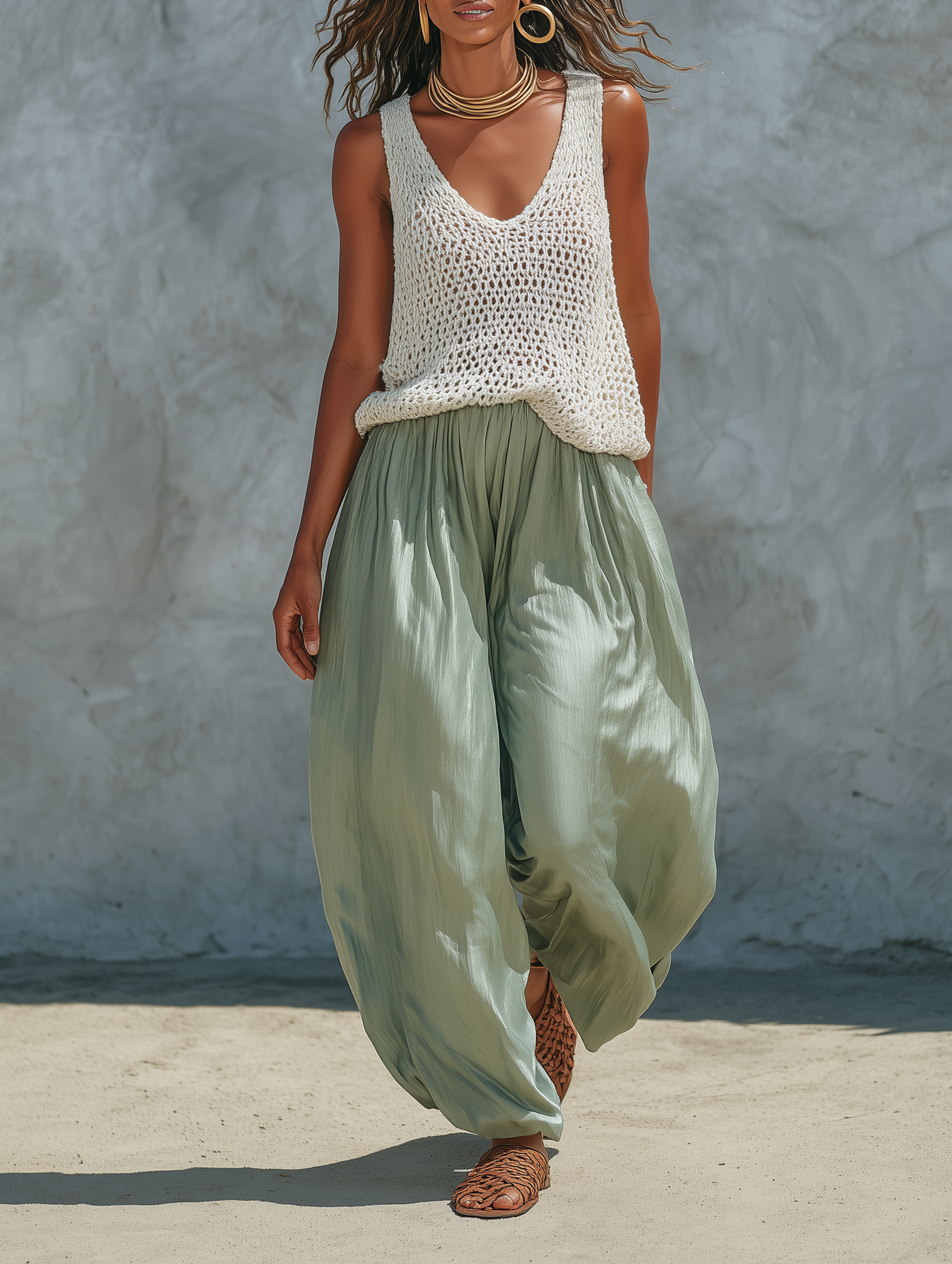 Mesh-Knit Tank Top & Acetate Balloon Pants Set
