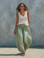 Mesh-Knit Tank Top & Acetate Balloon Pants Set