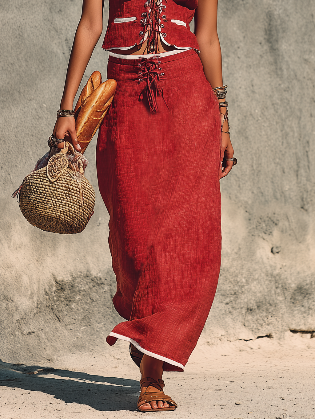 Women's Minimalist Linen-Blend White-Trimmed Lace-Up Vest & Maxi Skirt Set MDZ2743C6Y