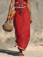 Women's Minimalist Linen-Blend White-Trimmed Lace-Up Vest & Maxi Skirt Set MDZ2743C6Y