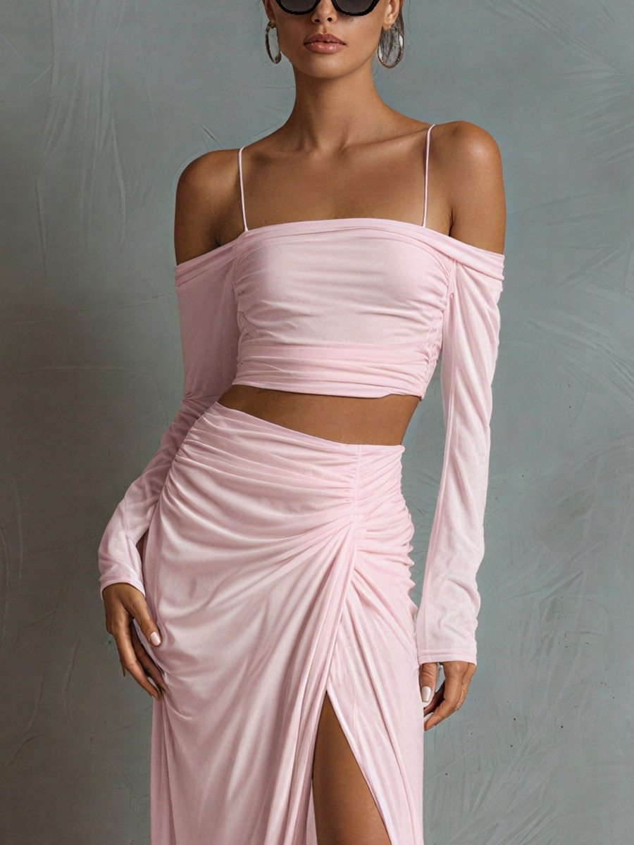 Blush Jersey Off-Shoulder Ruched Crop Top & Maxi Skirt Set