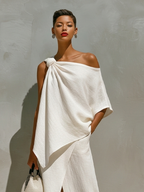 White Linen Knotted One-Shoulder Asymmetric Top