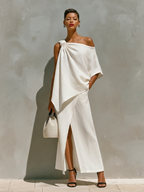 White Linen One-Shoulder Knot Slit Set
