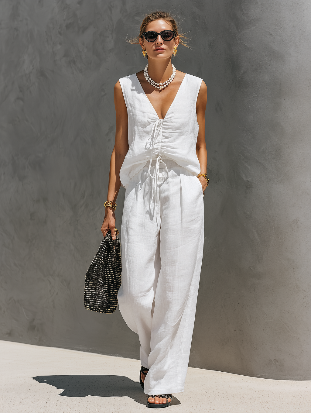 Orange Linen Square Neck Cami & Wide-Leg Set