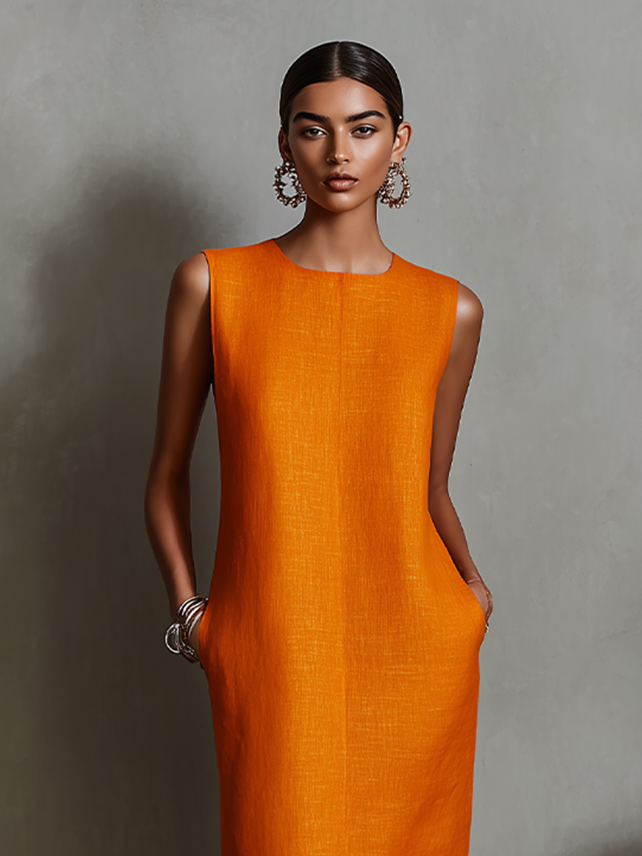 Orange Linen Sleeveless Shift Dress