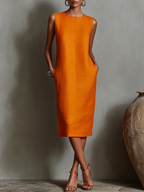 Orange Linen Sleeveless Shift Dress