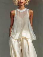 Cream Sheer High-Neck Flowy Cami Top