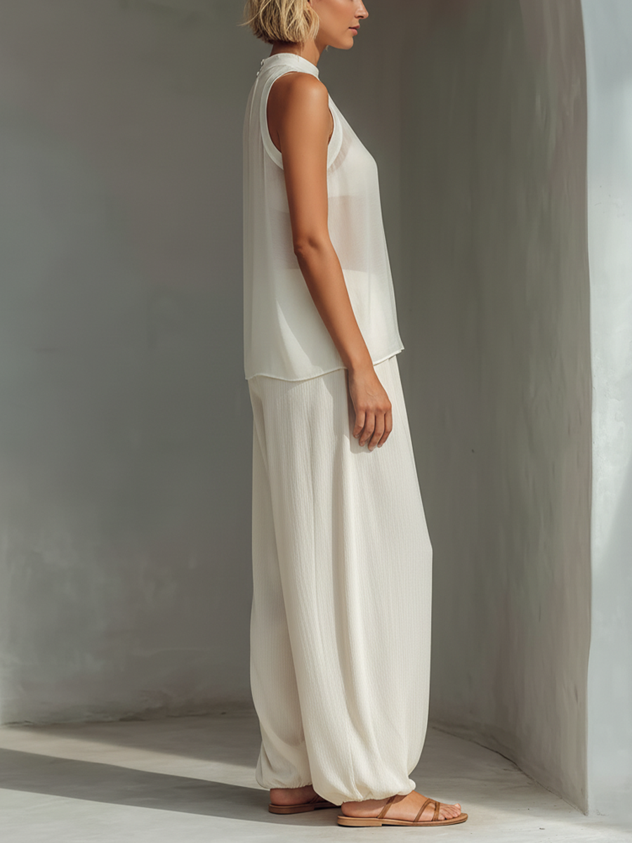 Cream Sheer High-Neck Flowy Cami Top