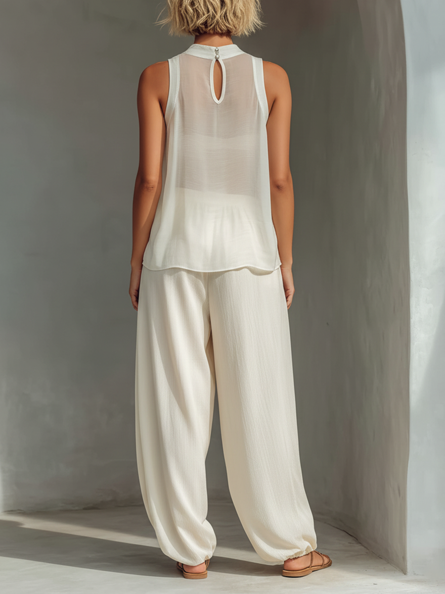 Cream Sheer High-Neck Flowy Cami Top