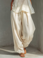 Cream Tencel High-Waisted Drawstring Wide-Leg Pants