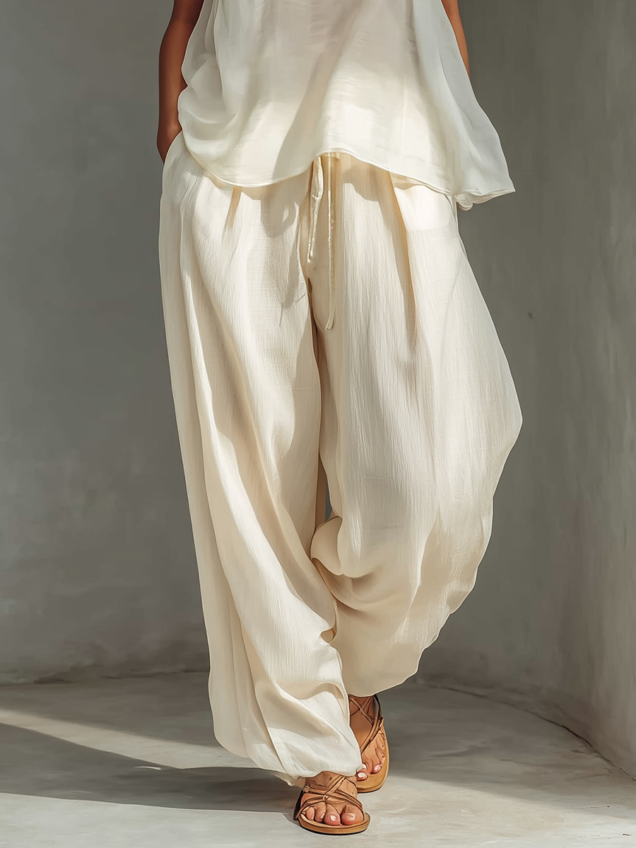 Cream Tencel High-Waisted Drawstring Wide-Leg Pants
