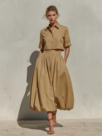 Khaki Cotton Point Collar Cropped Shirt