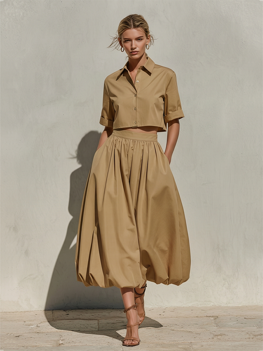 Khaki Cotton High-Waisted Bubble Midi Skirt