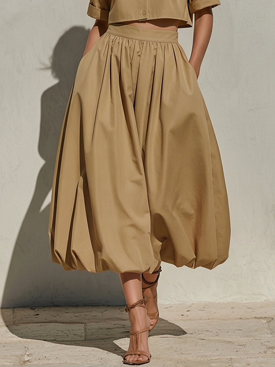 Khaki Cotton High-Waisted Bubble Midi Skirt